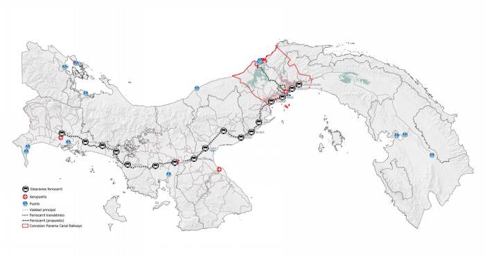 De acuerdo con el estudio de factibilidad realizado por China Railway Design Company, el tren sería para pasajeros y carga con 21 paradas. En el mapa, el trazado propuesto con las estaciones y delineado en rojo, sobre la zona transístmica, el área en que la Panamá Canal Railway, operadora del actual ferrocarril, tendría prioridad para reclamar la concesión de futuros trenes que se construyan.