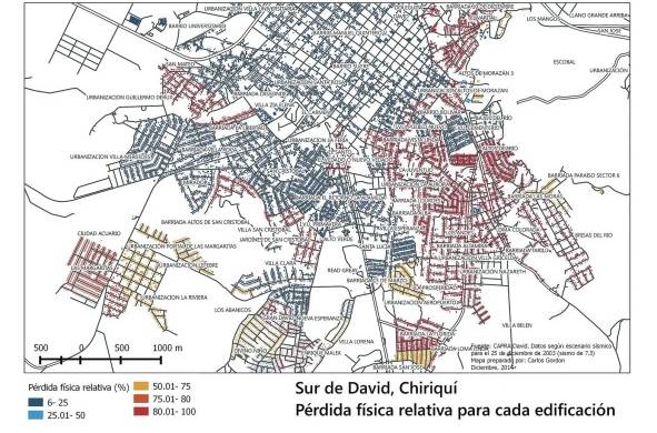 En este mapa presentamos un análisis probabilístico de la ocurrencia de sismos en el sur de la ciudad de David y la pérdida esperada debido a afectaciones en las viviendas