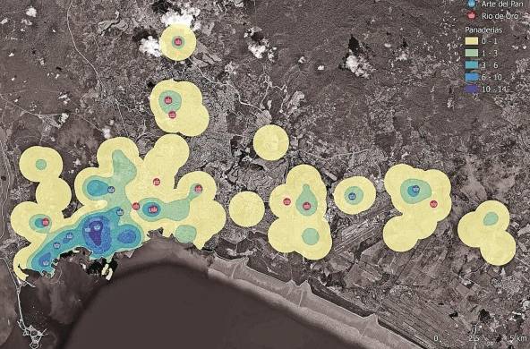 Mapa de densidad de panaderías en un radio de 1.200 metros o 15 minutos caminando. En este mapa se puede observar cómo hay una mayor densidad de panaderías en el centro urbano, especialmente en los corregimientos de Bella Vista y San Francisco. Se presentan en este mapa también la localización de las cadenas de panaderías, Río de Oro (rojo) y Arte del Pan (azul).