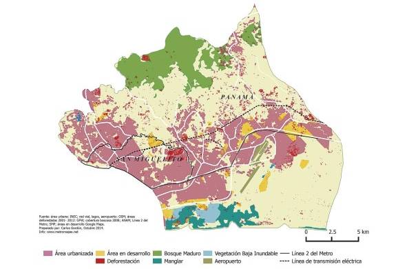 Mapa huella urbana 2010: Para 2010, el 30% (10,451.51 has) de la superficie de la cuenca corresponde a áreas urbanas o edificadas; 12,75% (4,449.95) corresponde a bosques y manglares