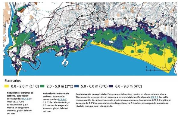 Mapa de áreas inundables por aumento del nivel del mar en la ciudad de Panamá: este mapa muestra las zonas que se verían afectadas por un incremento de la temperatura media global de 1 ºC (amarillo), 2 ºC (verde), 3 ºC (celeste) y 4 ºC (azul oscuro