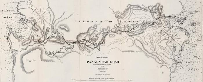 Mapa de 1849 que muestra el recorrido del ferrocarril transístmico, inaugurado el 28 de enero de 1855, mientras ejercía la vicepresidencia de la Nueva Granada José de Obaldía, quien luego sería presidente de Panamá a inicios del siglo XX